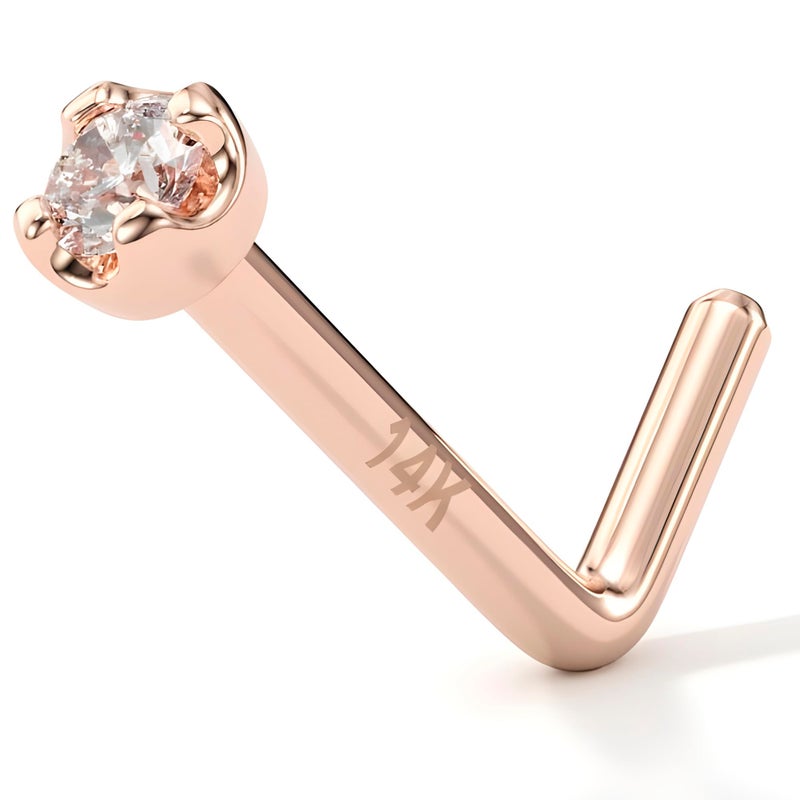 Body Candy 20 Gauge 1/4" at Bend 14k Rose Gold 1.5mm Diamond (0.015 cttw) L-Shaped Nose Ring Nose Stud - Image 1